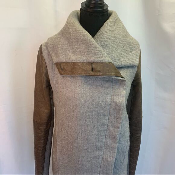 HELMET Lang wool & Lamb Leather brown gray colour block pattern coat Sz XS - Picture 8 of 16
